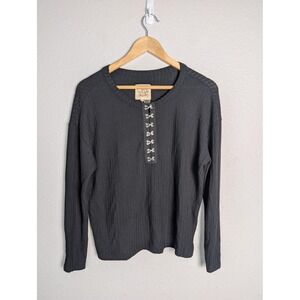 CHASOR Sweater Henley Womens XS Black‎ Waffle-Knit Raglan Sleeve Collarless